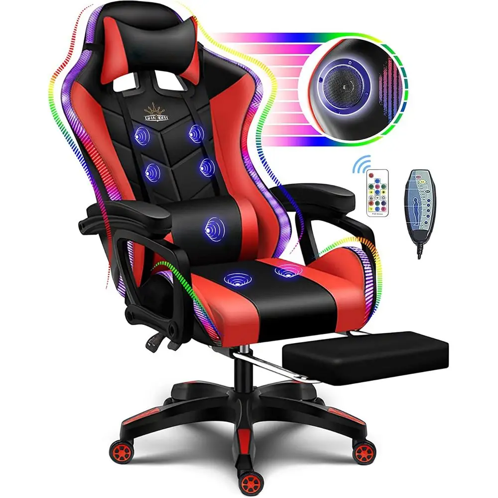 Massage - Ergonomische gamingstoel met hoge rugleuning, LED