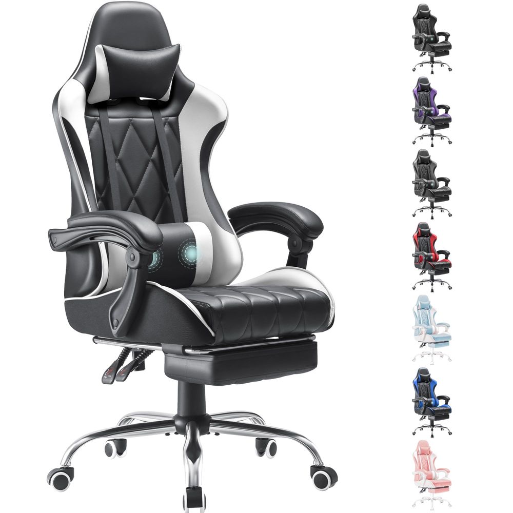Massage - Gamingstoel, computerstoel met voetsteun en massage-lendensteun,